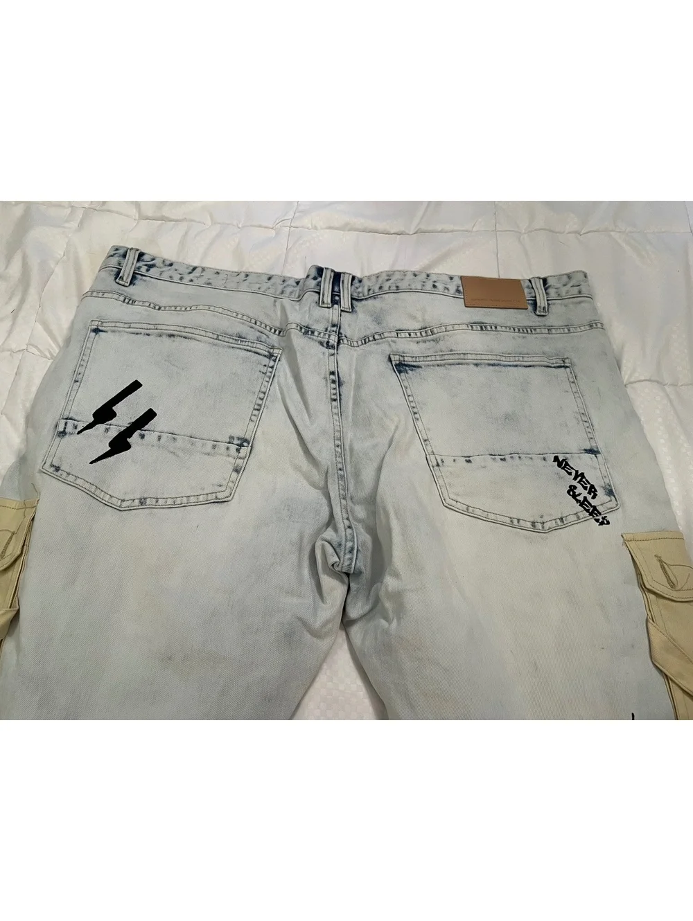 NEW SMOKE RISES 48” x 32” Acid washed distressed graffiti pockets writing jeans